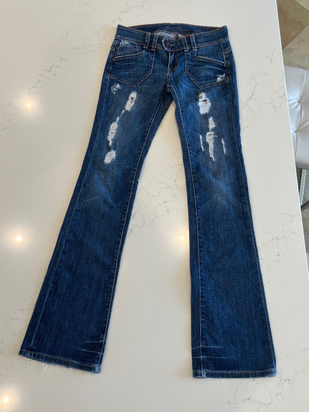 Y2K Small Town Rider Flare Jeans 26 Made in USA Distressed Low Rise Denim- Rare